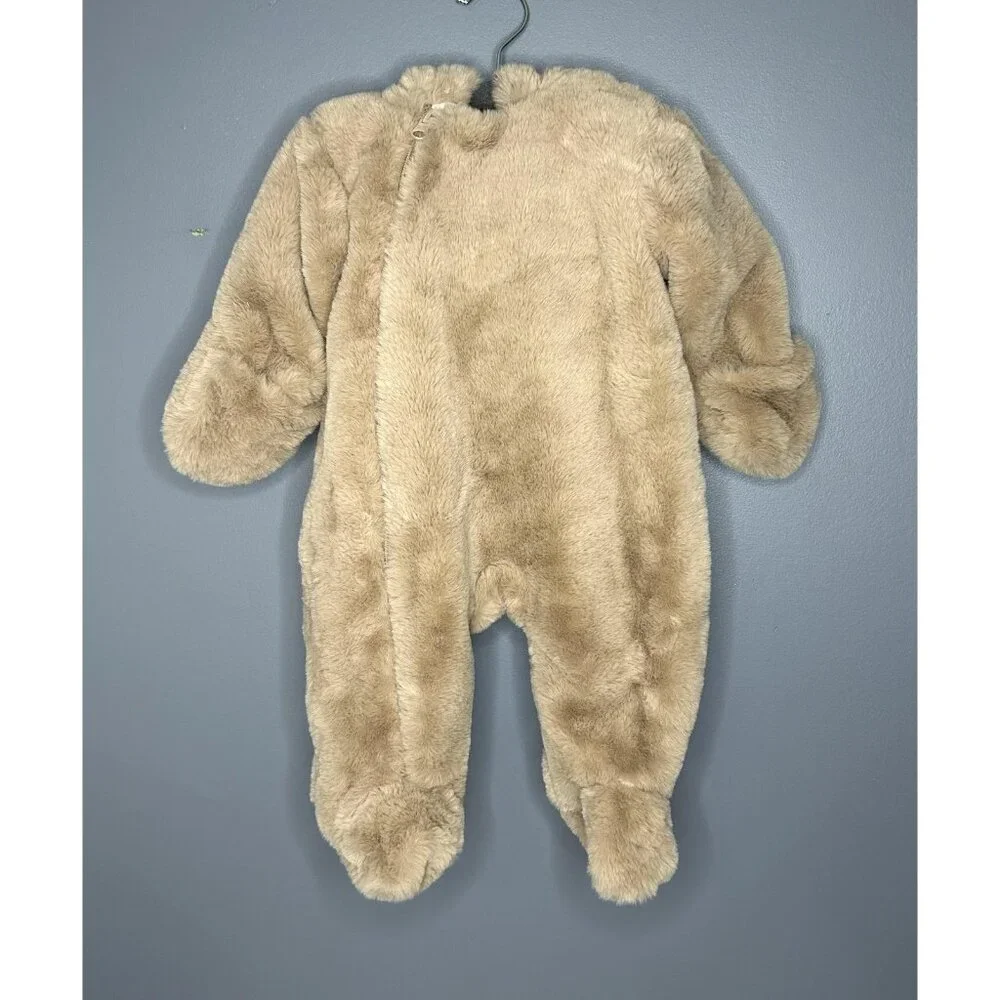 First Wish‎ Snowsuit Baby 3-6 Months Tan Faux Fur Hood Ears Footed Lined SO SOFT